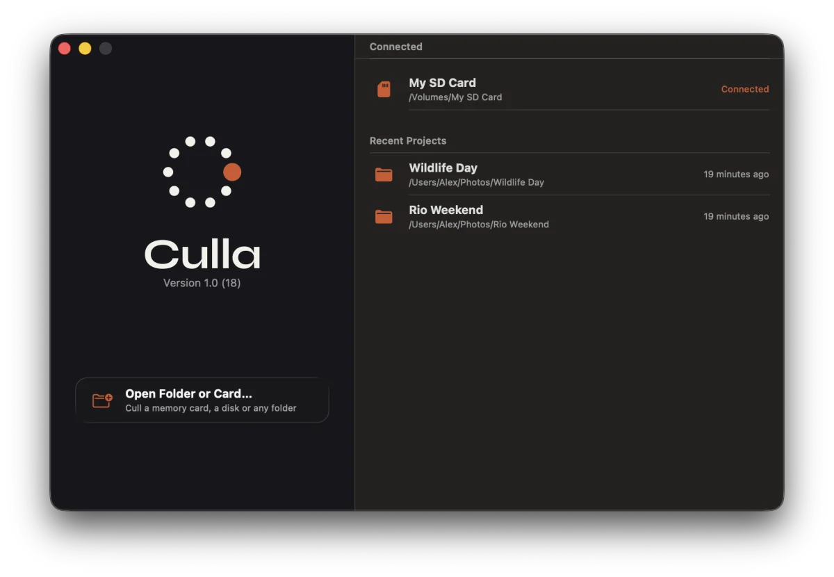 Culla welcome window with a connected SD card and a list of recent projects
