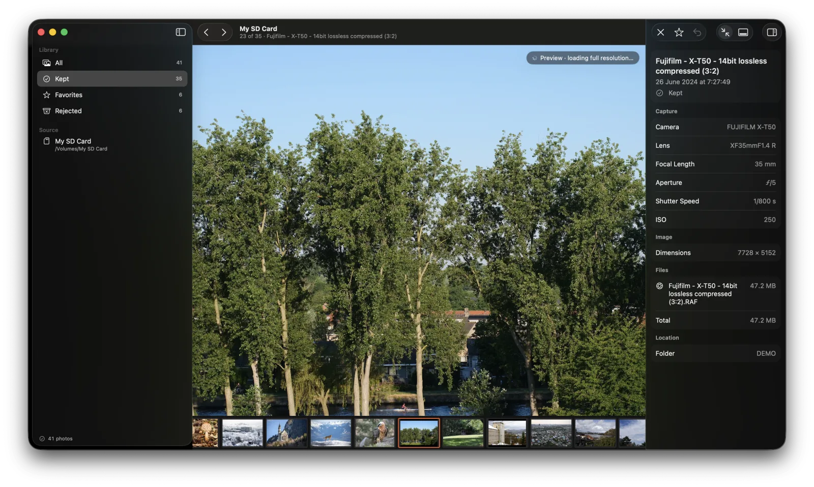 A zoomed-in photo of trees in Culla with a badge saying the full-resolution image is loading